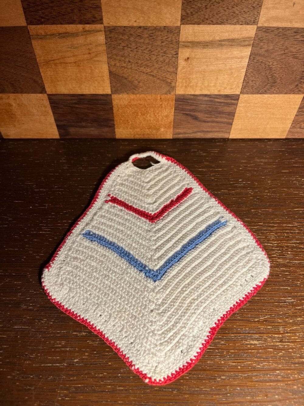 Small Vintage Hand Made Red White and Blue Pot Holder A1140